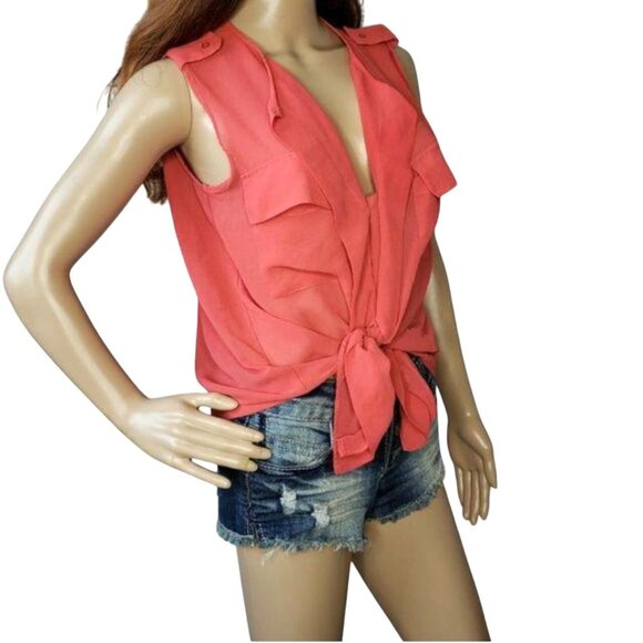 Cotton On Sleeveless Sheer Coral Blouse With Pockets tie up wear down pool sz S - Picture 2 of 10